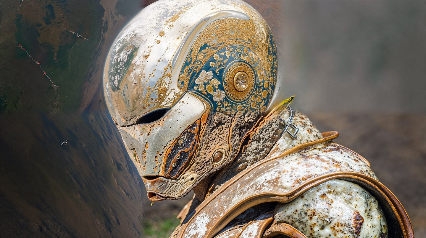 Ornate weathered metal helmet and armor, photographed in earthy copper, cream, and blue tones