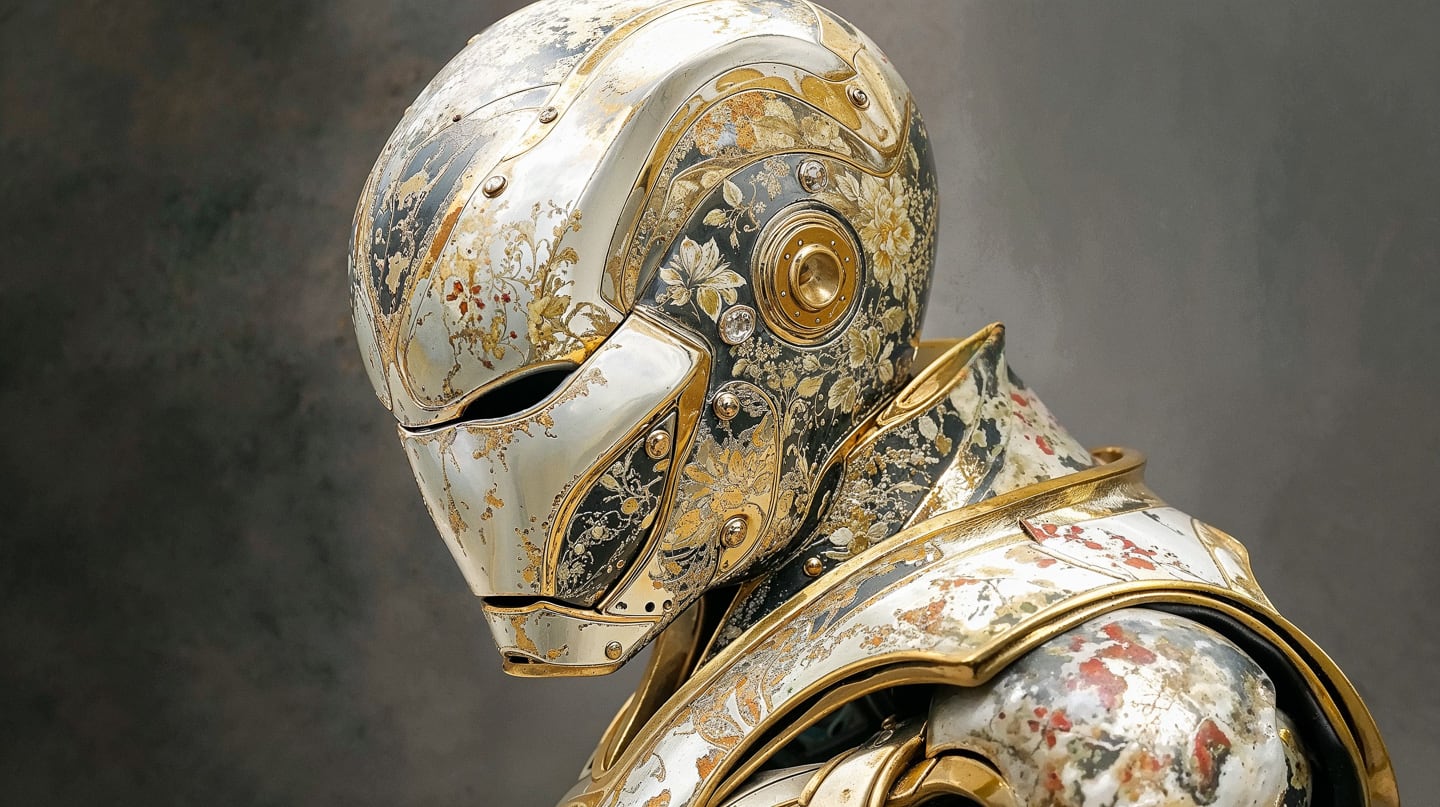 Ornate Iron Man mask and armor with distressed copper plates, rivets, and warm metallic lighting