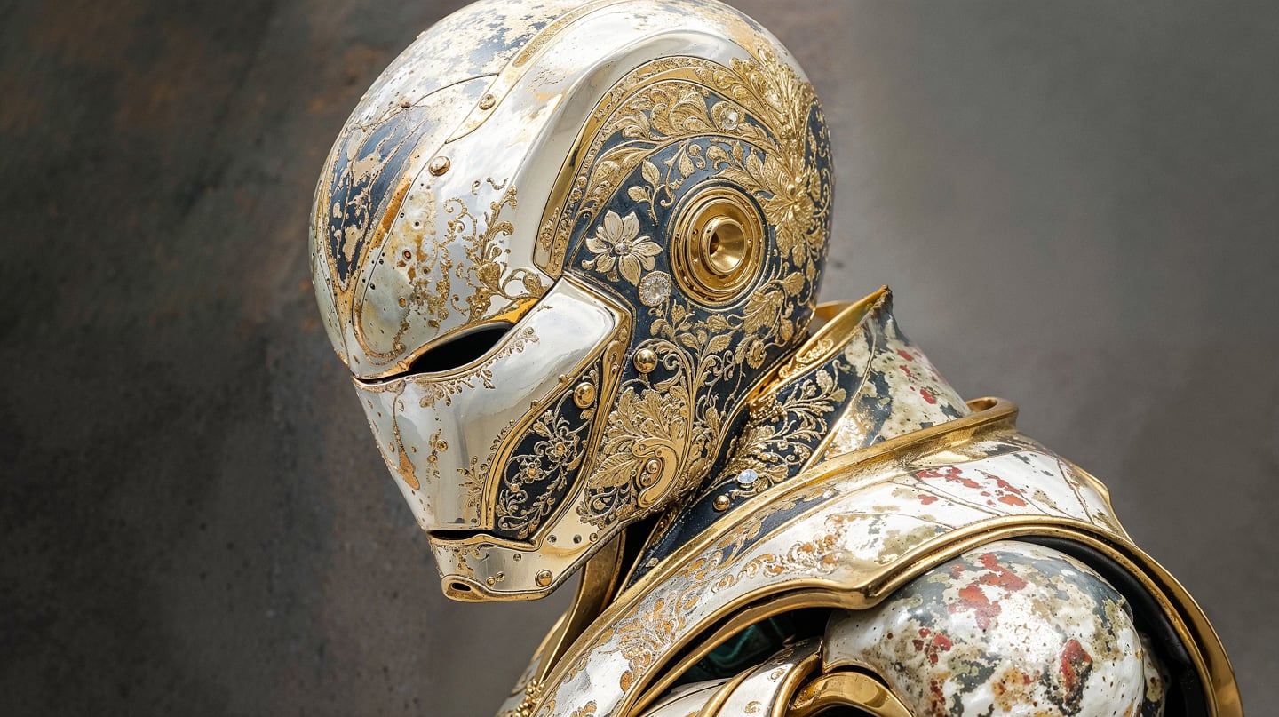 Ornate Iron Man mask with copper plates and rivets, gilded metalwork and dramatic studio light