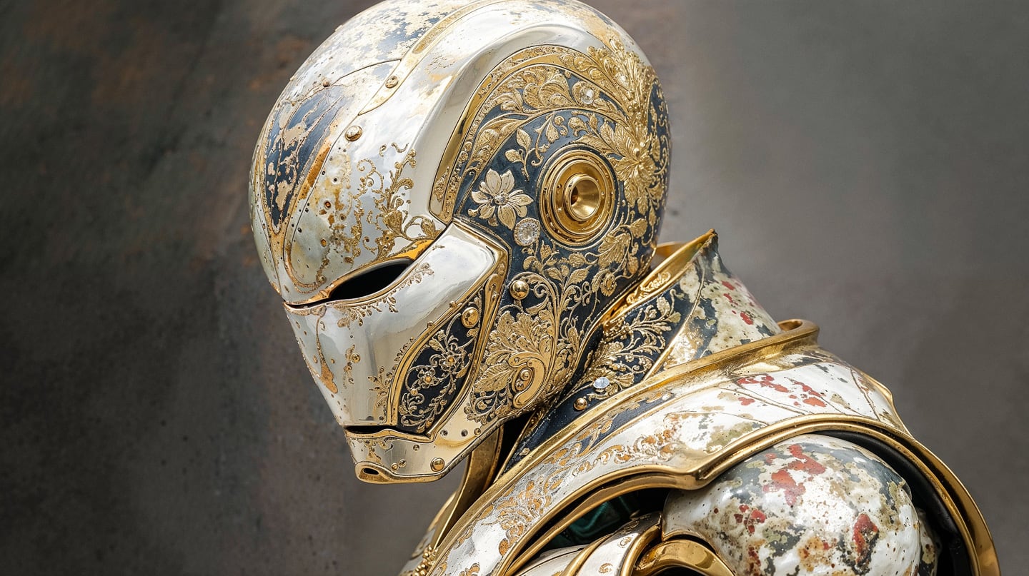 Ornate Iron Man mask with copper plates and rivets, metallic gold-and-white, softly lit