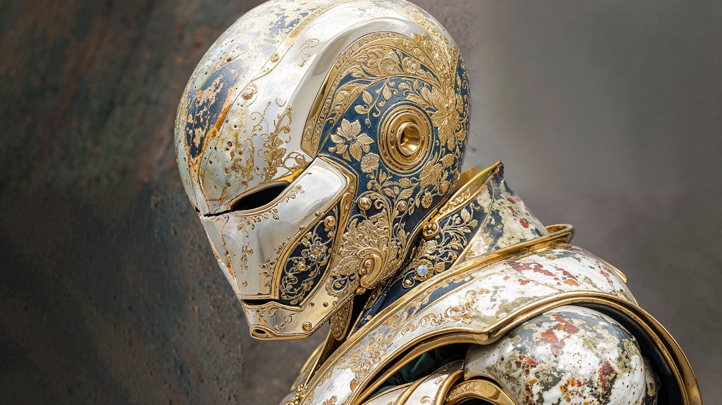 Ornate Iron Man mask with copper plates and rivets, metallic gold and blue, dramatic light