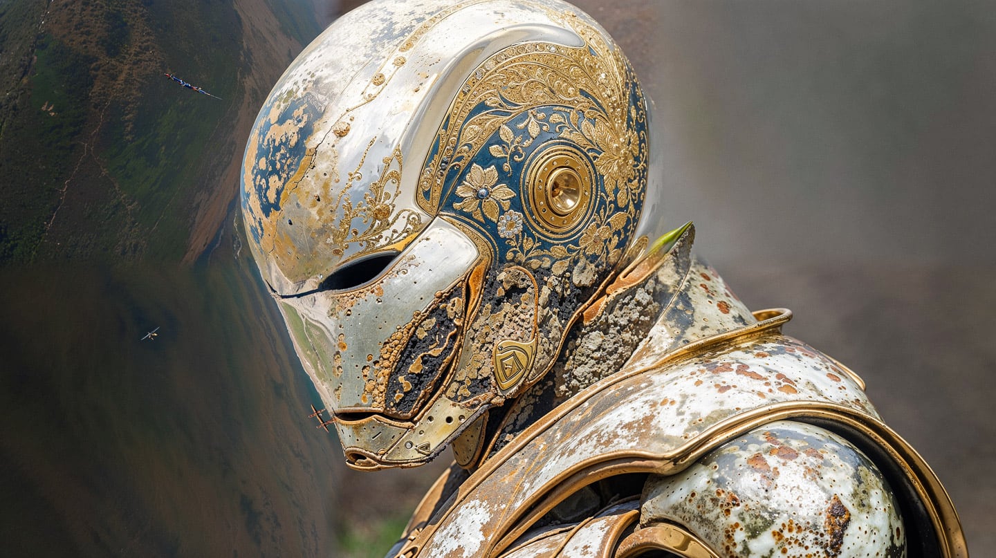 Ornate Iron Man mask with copper plates and rivets, weathered metallic palette and soft light
