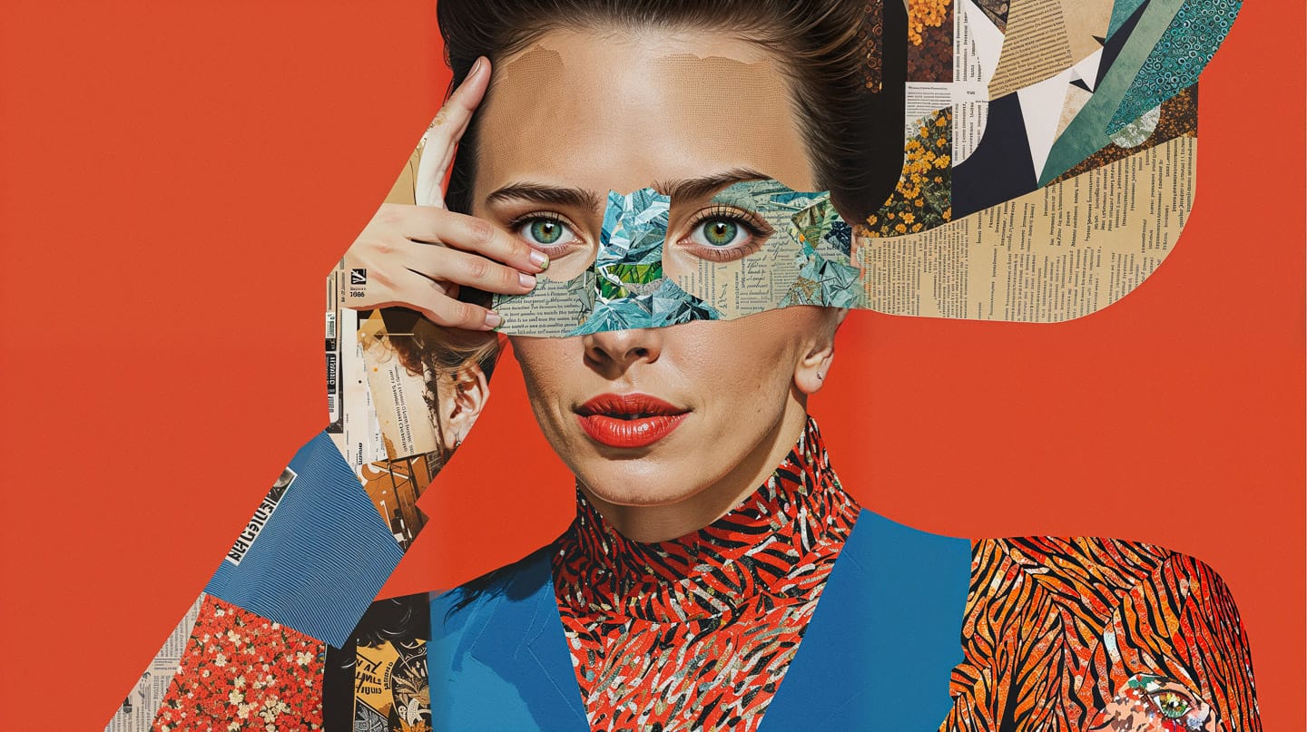Portrait of Simone de Beauvoir in a magazine cutout collage with bold colors and flat light