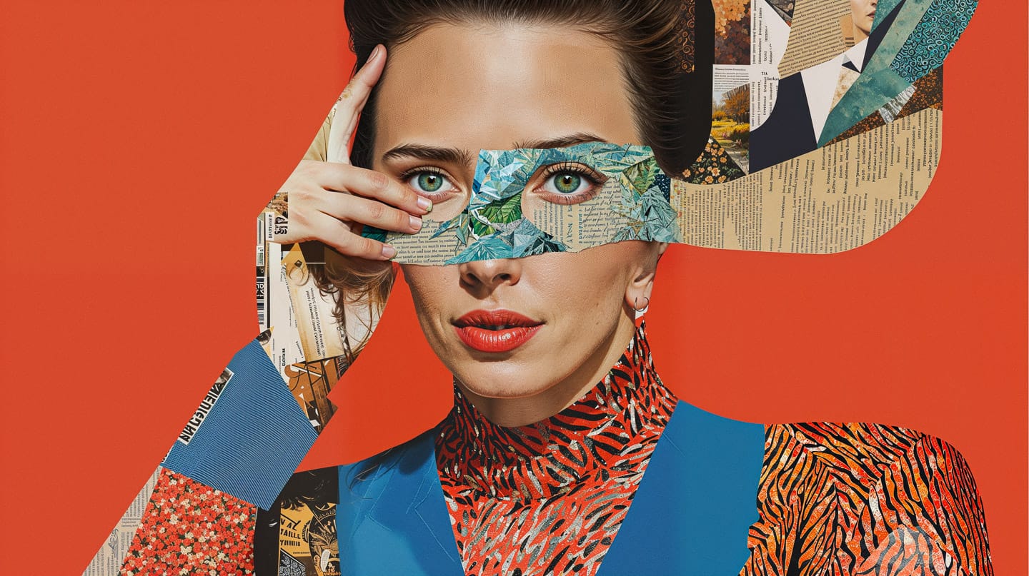 Simone de Beauvoir portrait in a magazine cutout collage, vivid colors and flat light