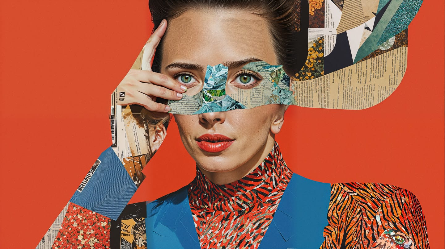 Portrait of Simone de Beauvoir in a magazine cutout collage, vivid colors and graphic lighting