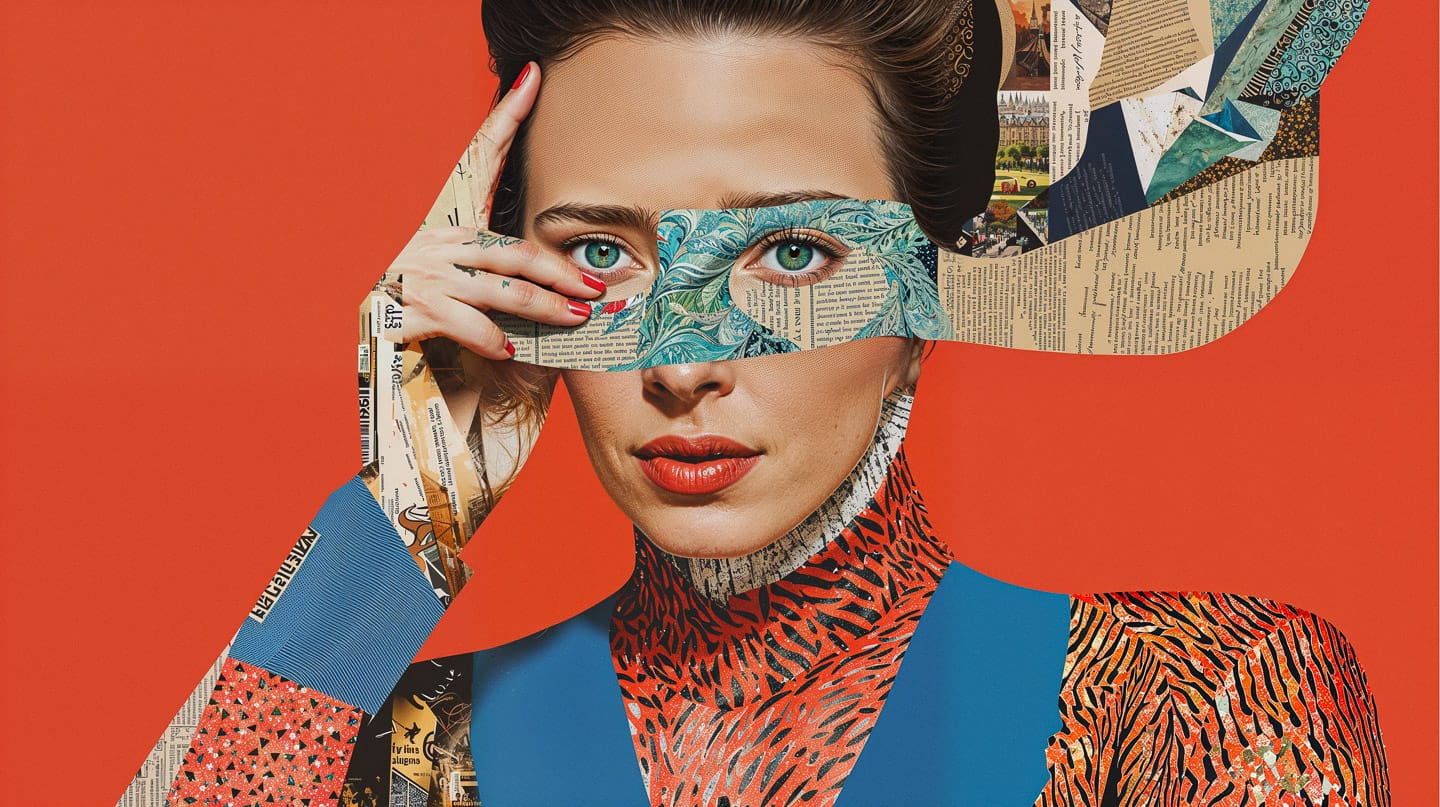 Portrait of Simone de Beauvoir in a magazine cutout collage, vivid colors and flat light