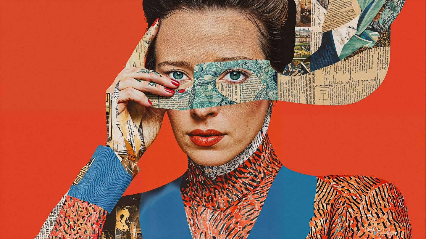 Portrait of Simone de Beauvoir as a magazine cutout collage in vivid red, blue, and orange