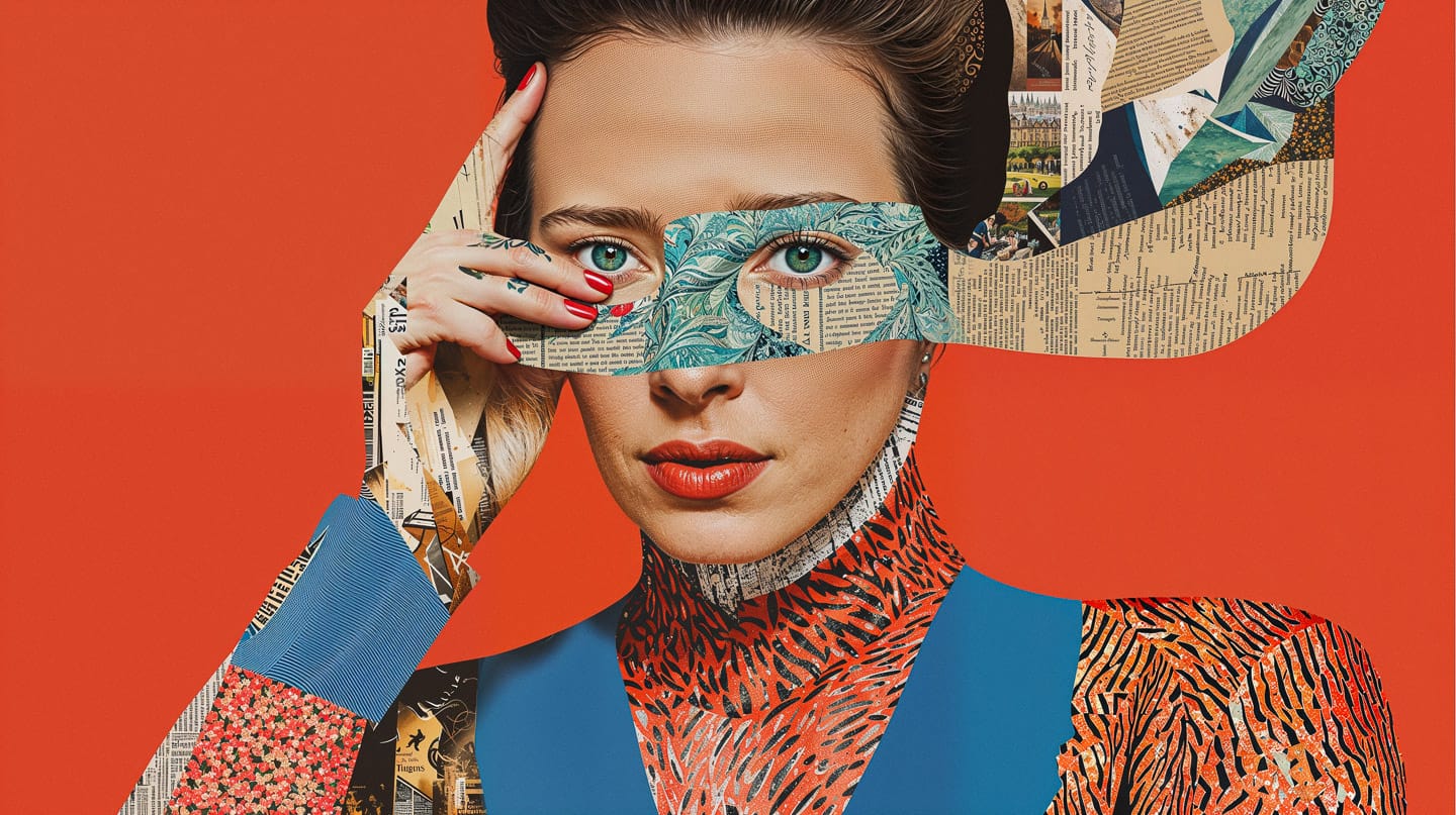 Simone de Beauvoir portrait in a magazine cutout collage, vivid red and blue palette