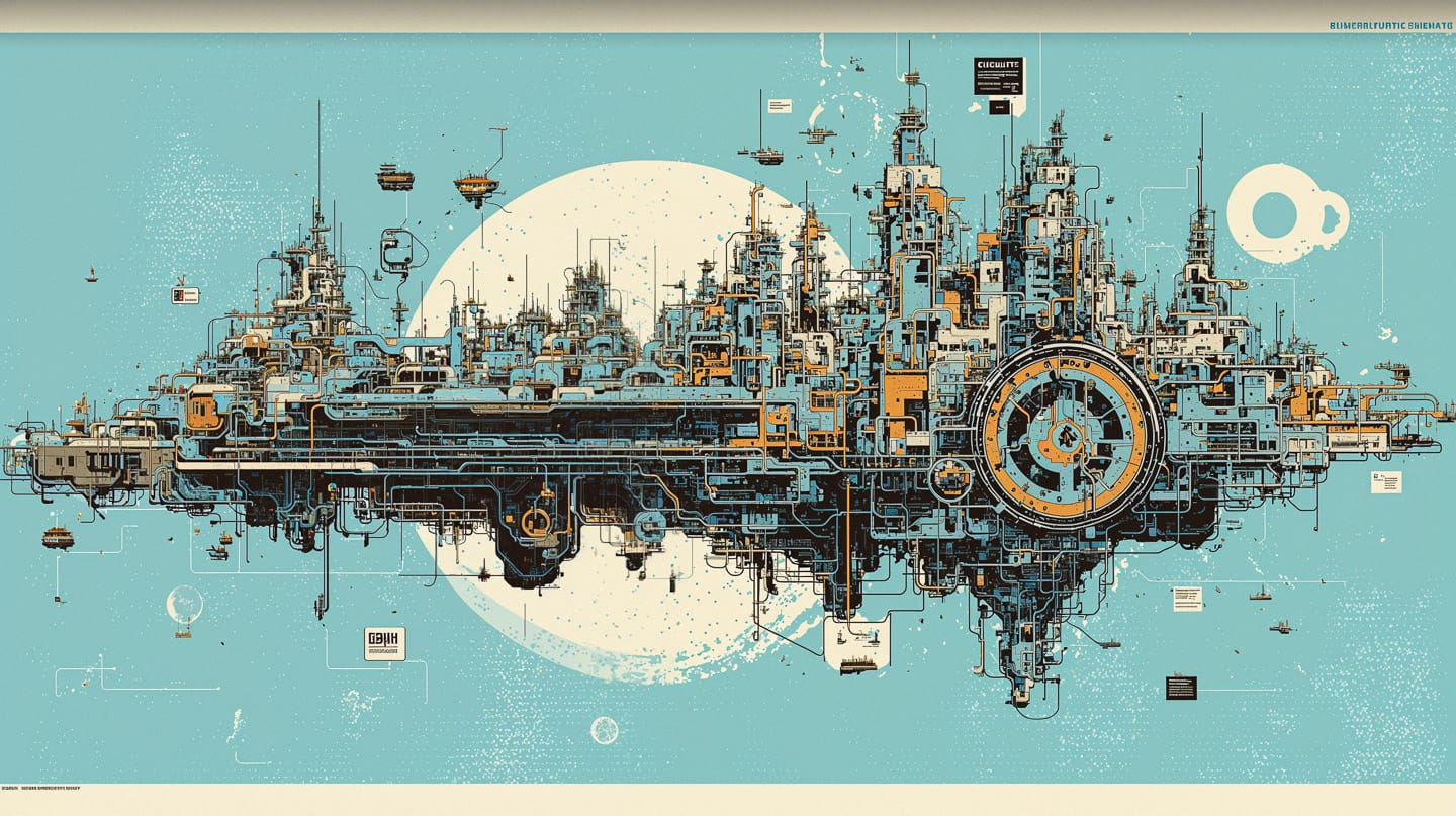Enormous megacity blueprint in intricate isometric linework, teal and cream palette, flat light