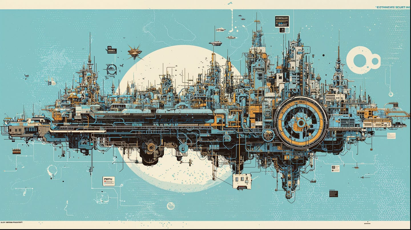 Enormous floating megacity in isometric blueprint schematics, cyan and cream technical linework