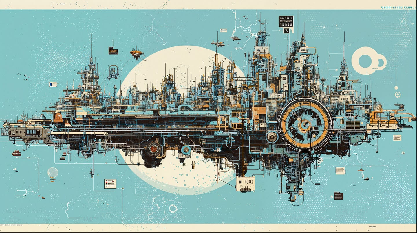 Enormous megacity in isometric blueprint schematics, intricate linework in teal and cream