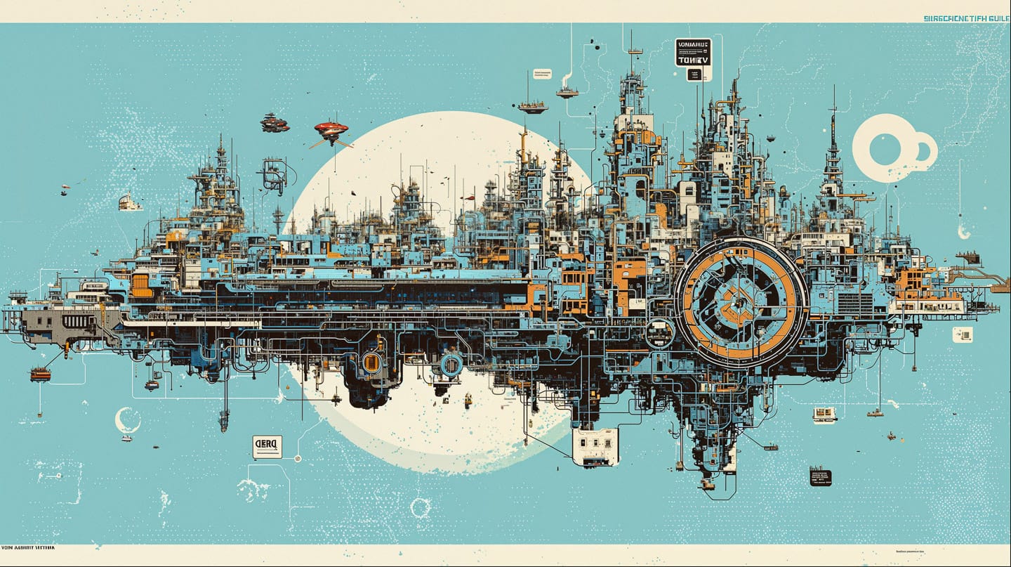 Enormous megacity in isometric blueprint schematics, intricate teal, cream, orange