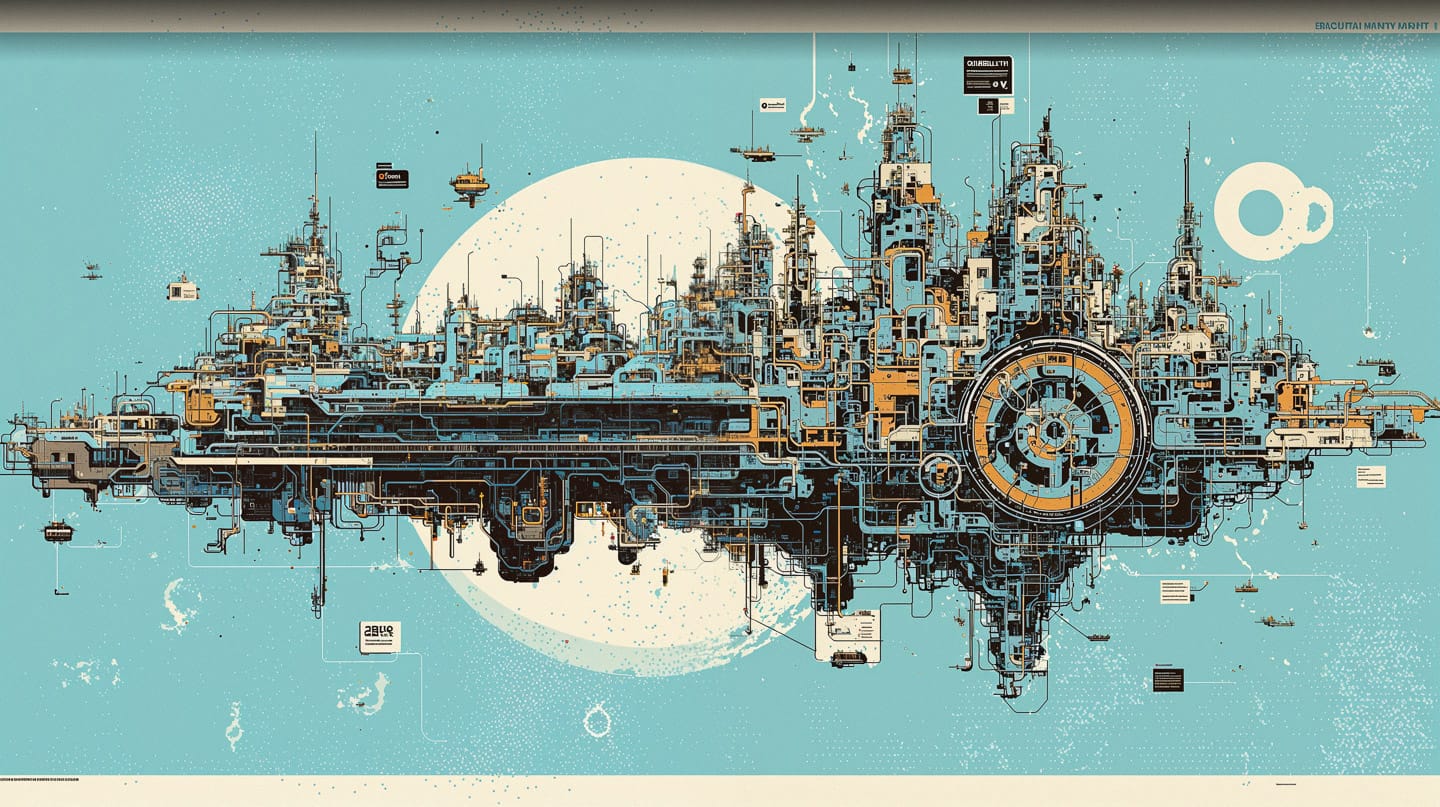 Enormous futuristic megacity in intricate isometric blueprint schematics, turquoise and cream