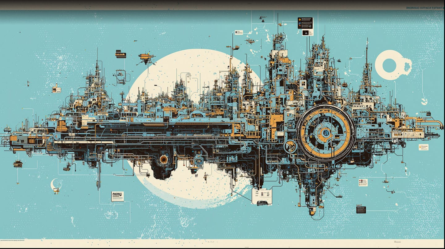 Enormous megacity in isometric blueprint schematics, intricate teal, cream, black