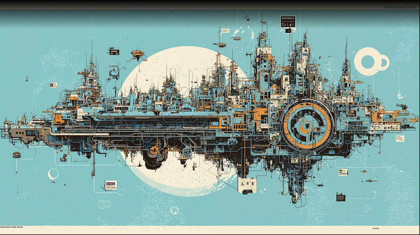 Enormous megacity in isometric blueprint schematics, cyan and cream technical linework