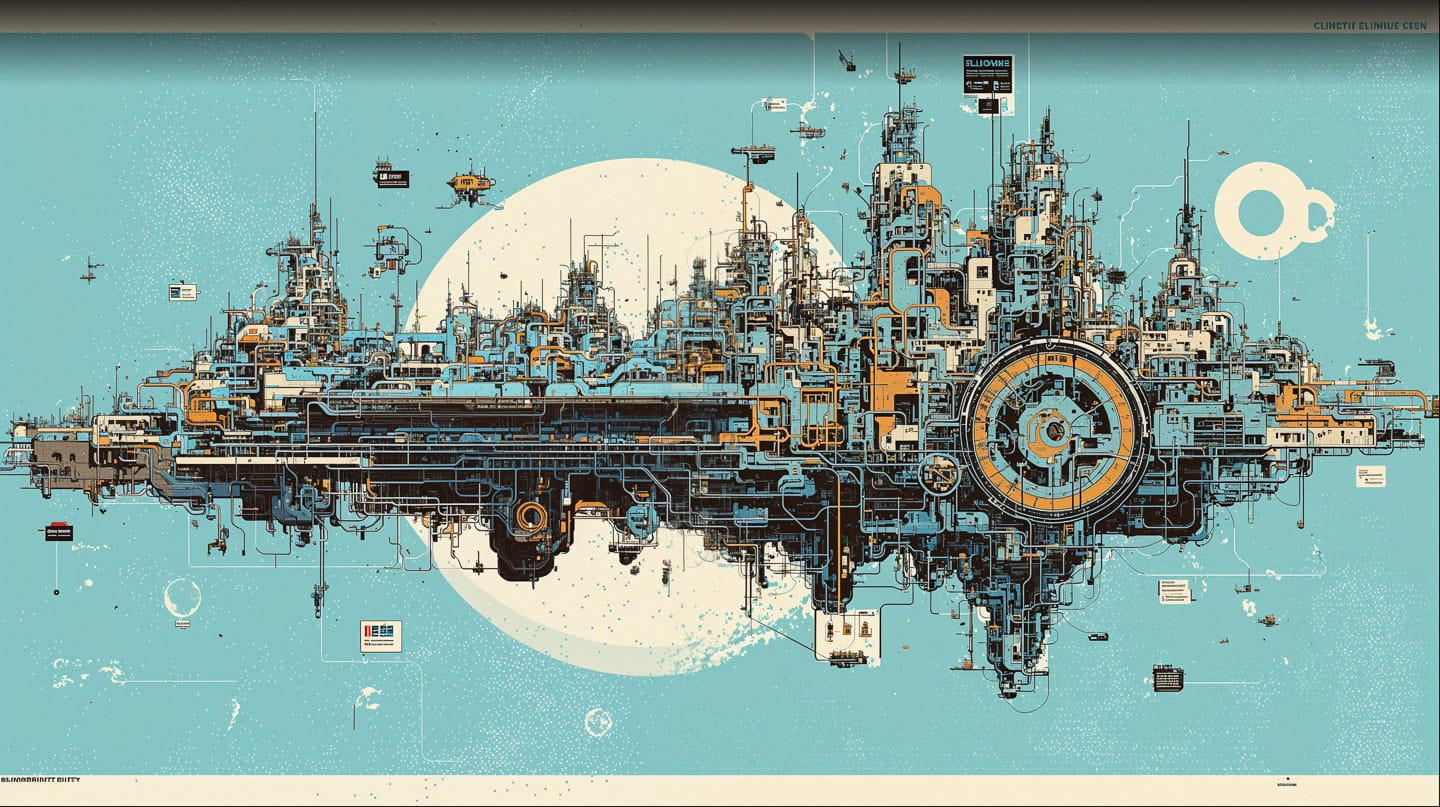 Enormous megacity in isometric blueprint linework with muted teal, cream, and orange
