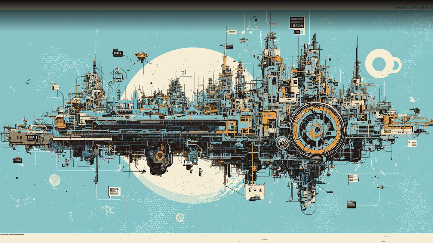 Enormous megacity in intricate isometric blueprint schematics, teal and cream with fine linework