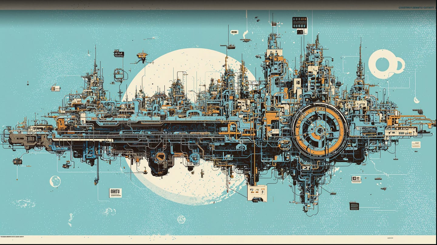 Enormous megacity in isometric blueprint schematics, teal and cream technical linework