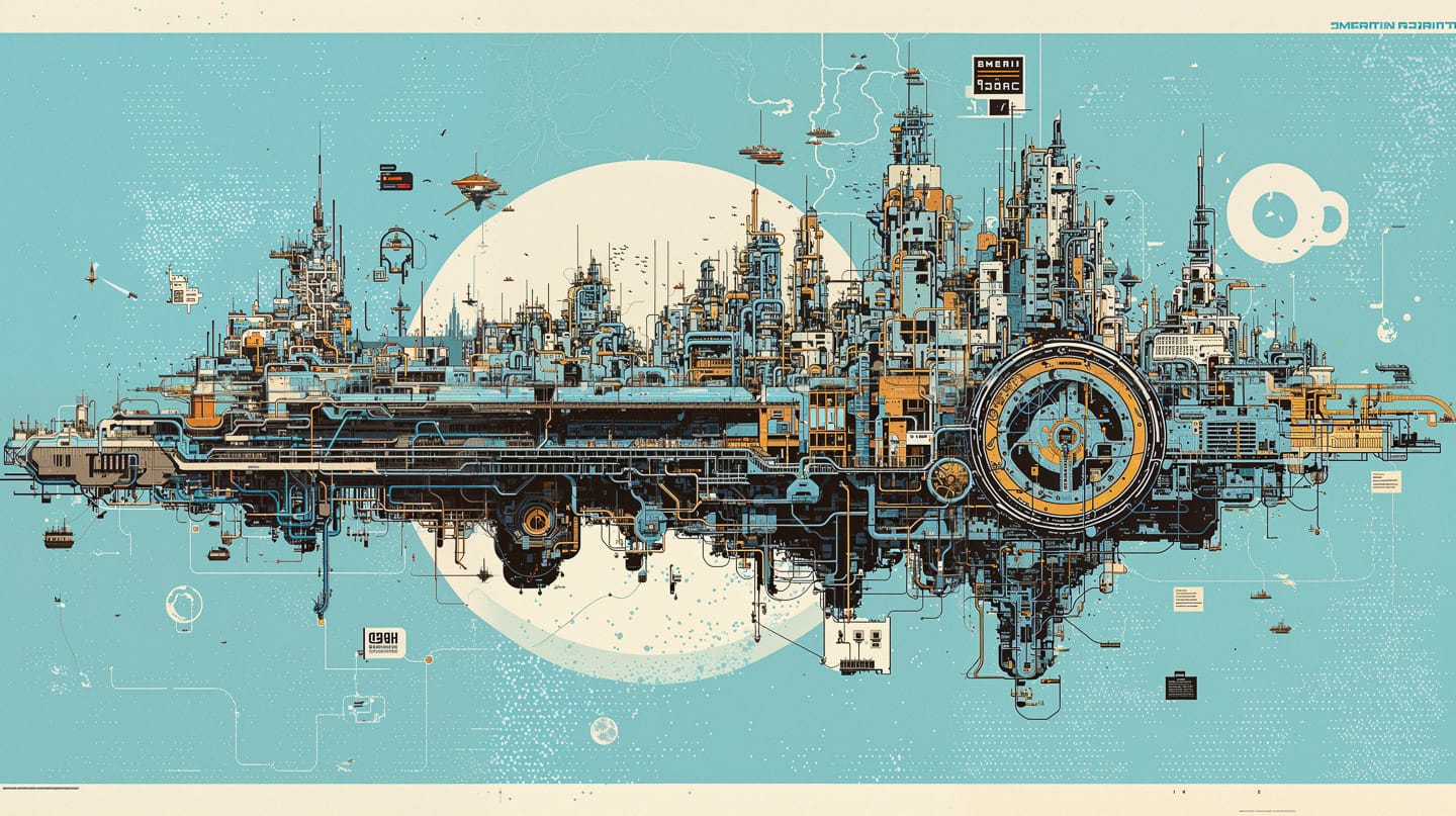 Enormous megacity in isometric blueprint schematics, with teal, cream, and orange technical linework