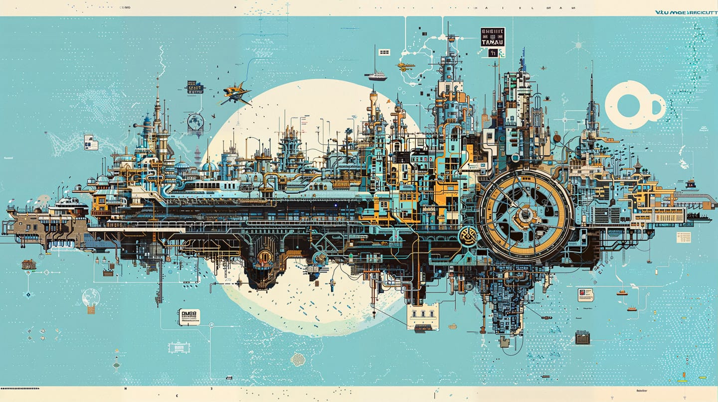 Enormous megacity in intricate isometric blueprint schematics, teal and cream technical illustration