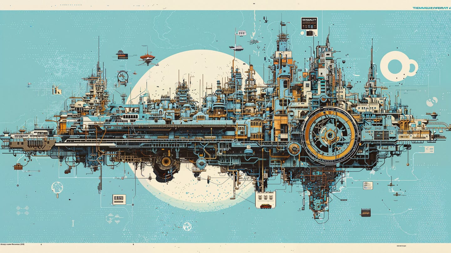 Enormous megacity in isometric blueprint schematics, intricate teal and cream technical illustration