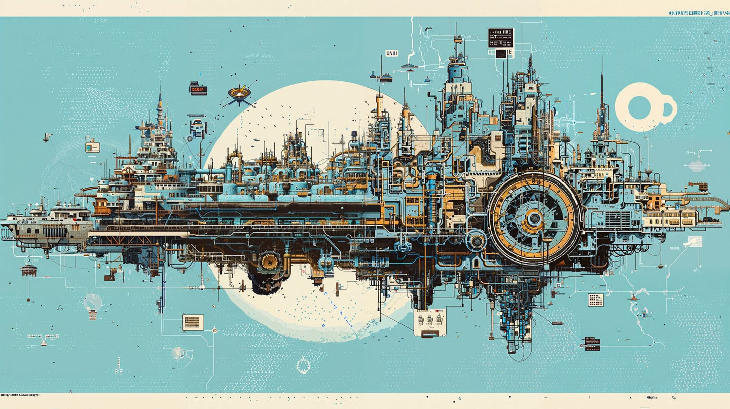 Isometric megacity blueprint with intricate mechanical architecture in turquoise, cream, and rust