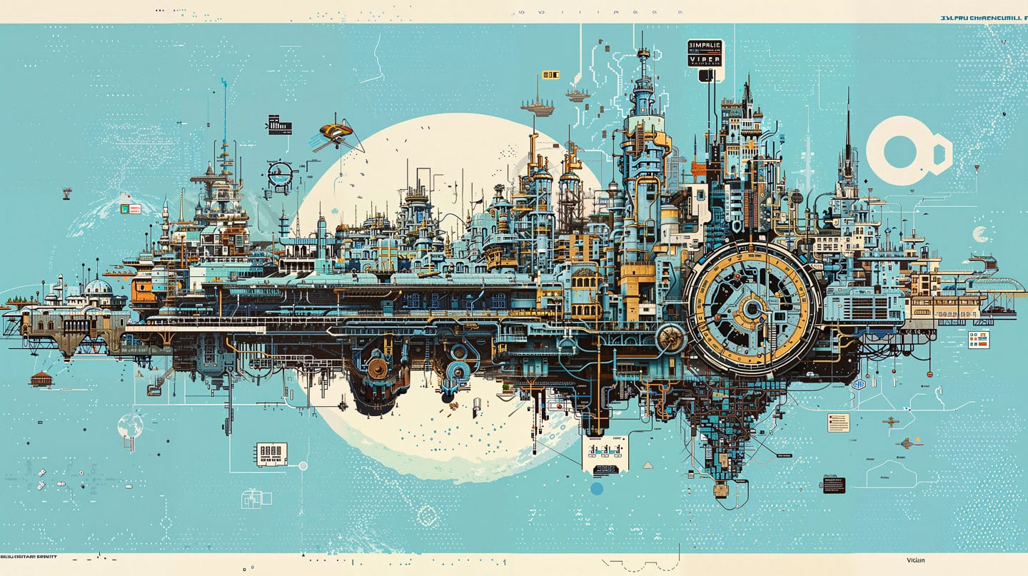 Enormous megacity in isometric blueprint schematics, intricate turquoise, cream, and rust linework