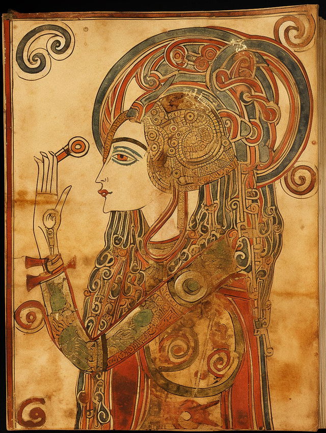 Book of Kells page featuring Martian Queen, showcasing prompt engineering in Midjourney AI, stylize 65, version 5.2.