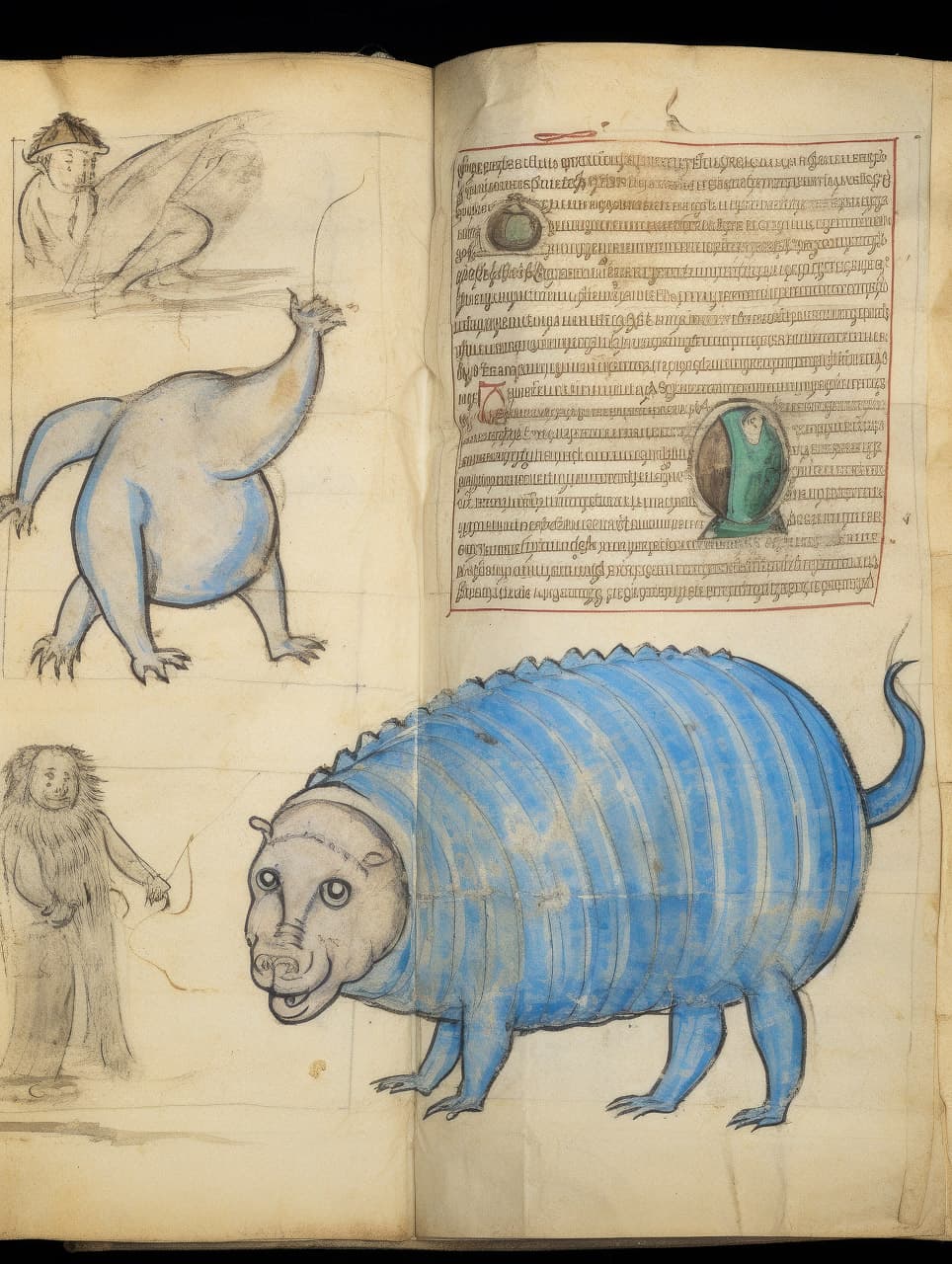 Medieval bestiary illustration featuring blue tardigrade, sketches of mythical creatures, illuminated manuscript style, Midjourney prompt techniques.