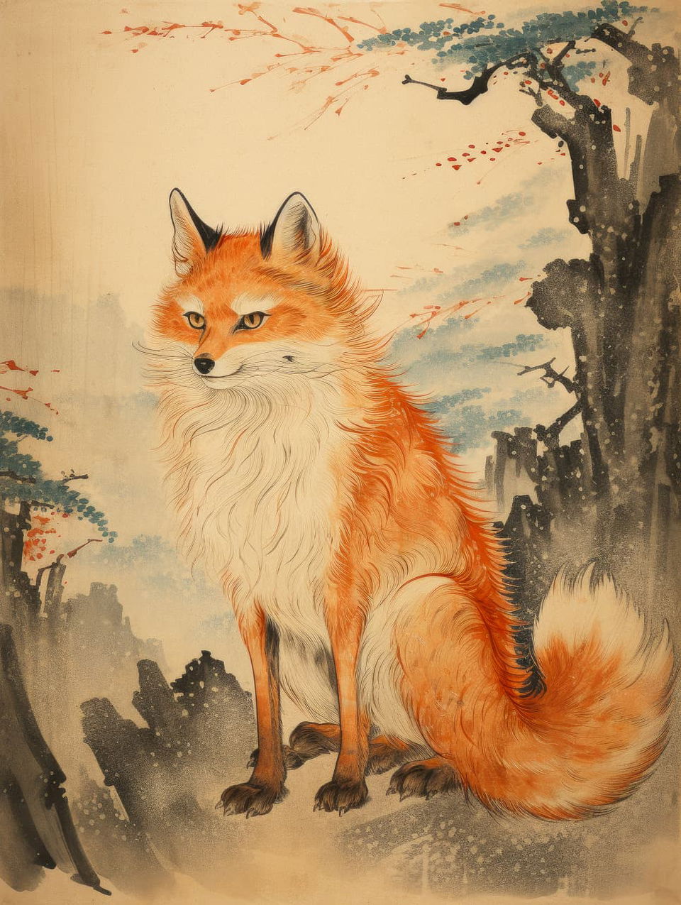 Kitsune fox illustration in Japanese style, showcasing Midjourney prompt techniques for bestiary generation.