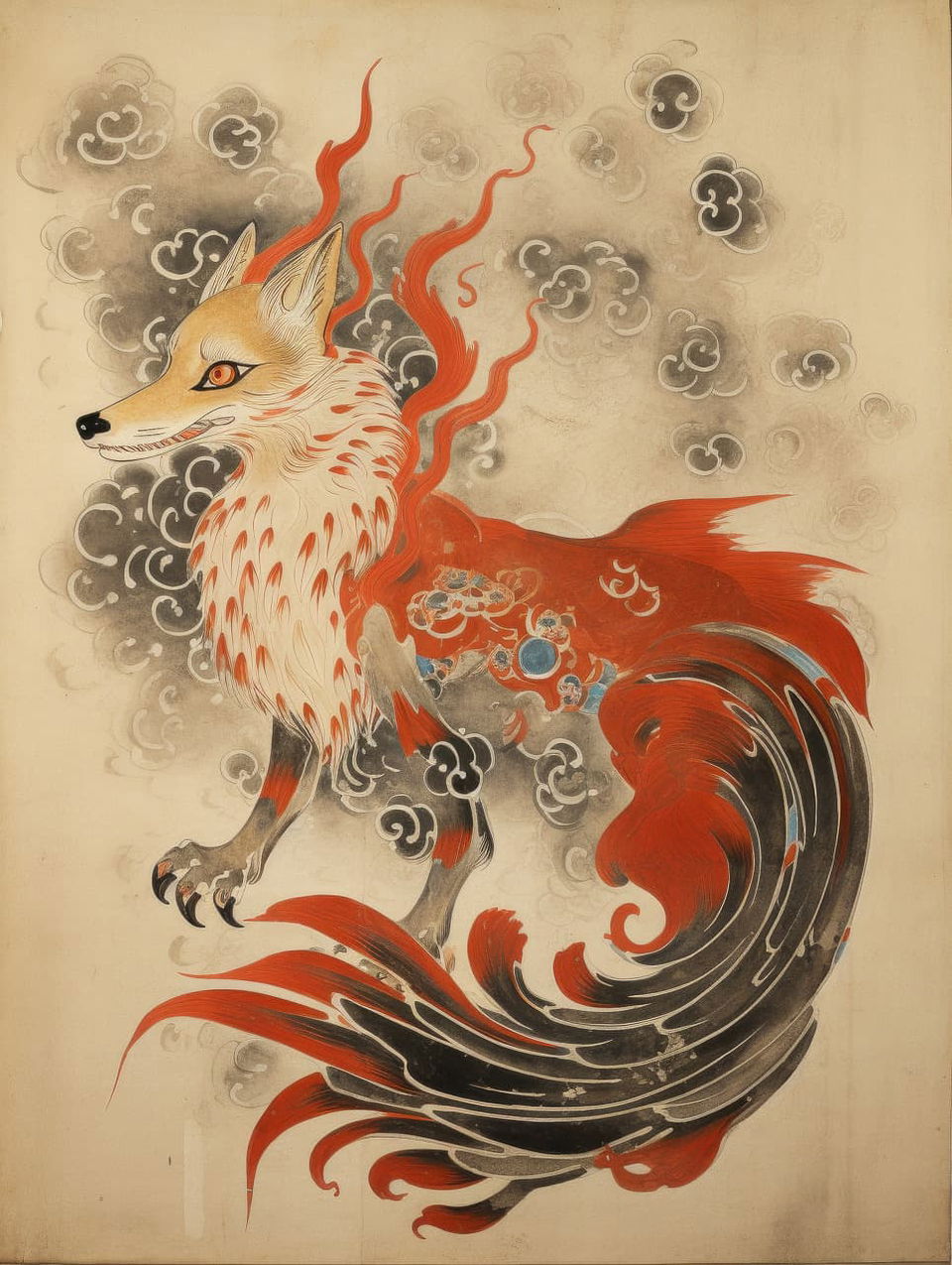 Edo period codex bestiary page featuring Kitsune fox, showcasing Midjourney prompt techniques for stylized art generation.