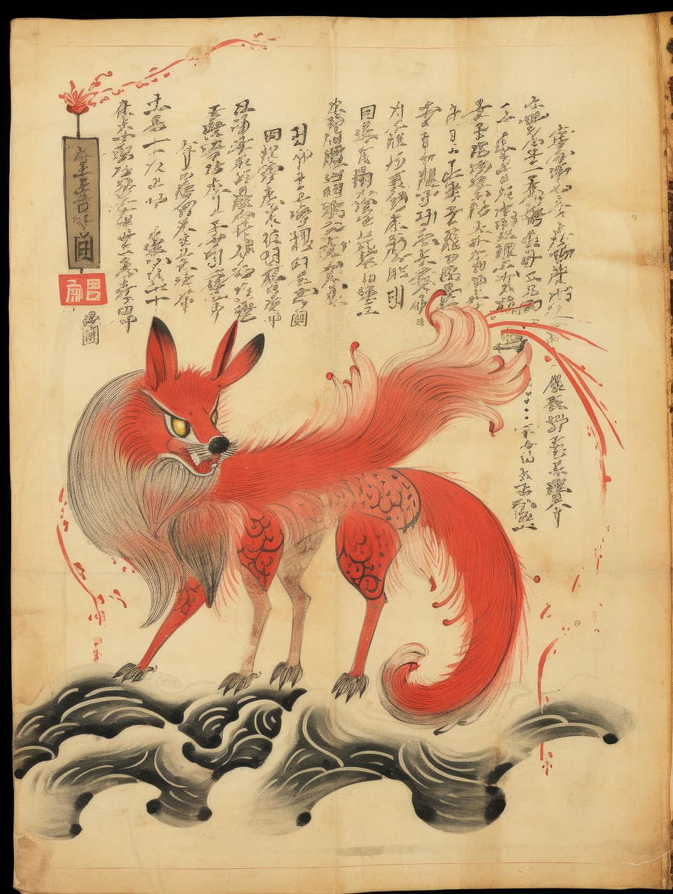 Edo period codex page depicting Kitsune fox spirit with seven fiery tails, featuring prompt engineering techniques in Midjourney AI.