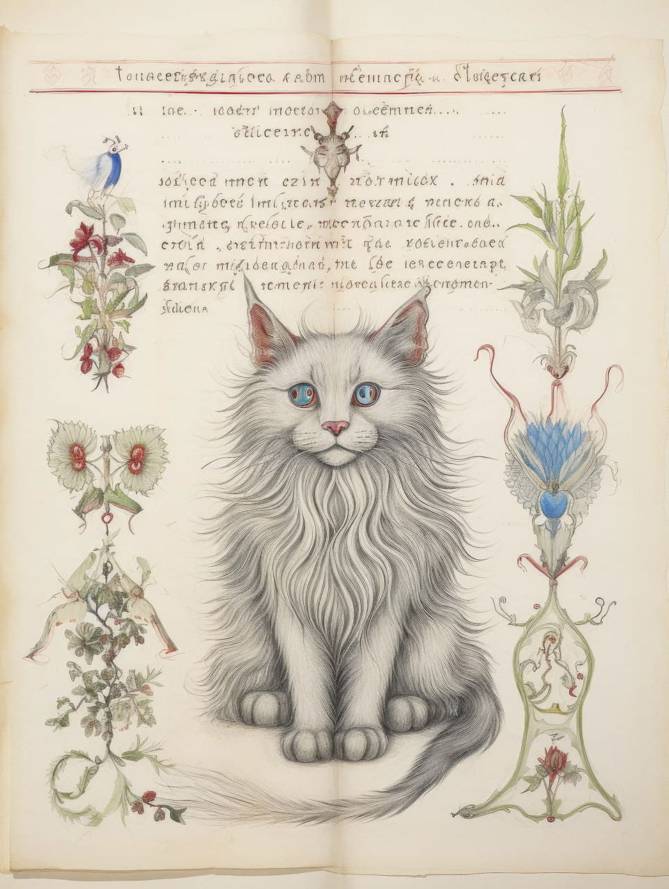Midjourney prompt for Voynich Manuscript page featuring grey Maine Coon cat, stylize 100, version 5.2, botanical illustrations.