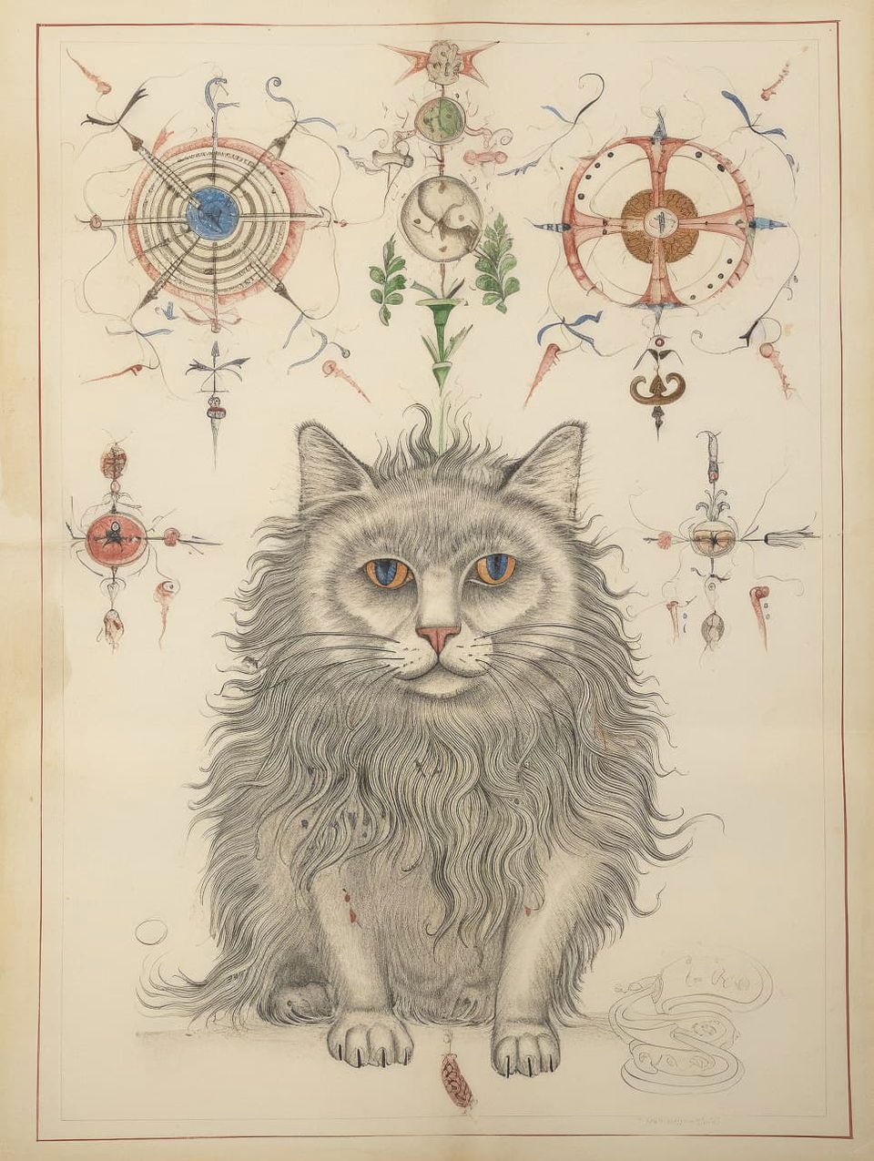 Midjourney prompt featuring grey Maine Coon cat illustration, stylize 75, inspired by Voynich Manuscript, showcasing mystical elements and historical references.