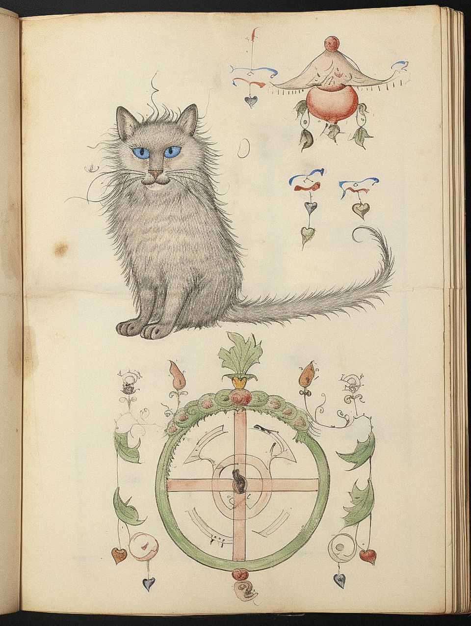 Midjourney prompt for generating manuscripts featuring grey Maine Coon cat, stylize 25, encoded mystical drawings, historical references.