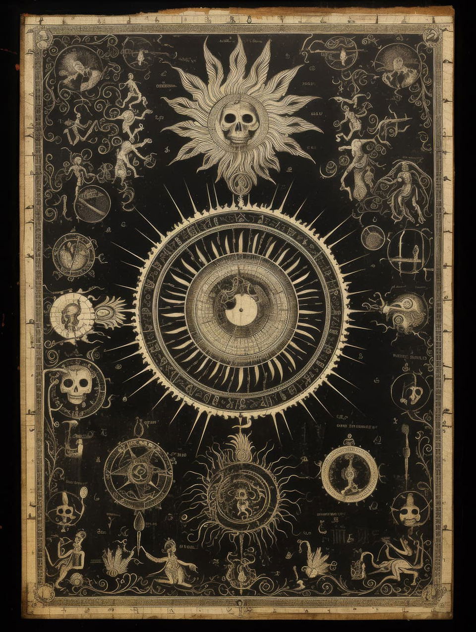Full-page scan of 1600s scroll with undecipherable text, diagrams, spirals, arcane symbols. Midjourney prompt for manuscripts, codices, bestiaries.