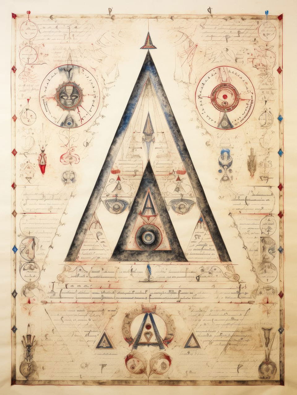 Midjourney prompt for generating manuscripts featuring geometric shapes, arcane symbols, and intricate script on aged parchment.