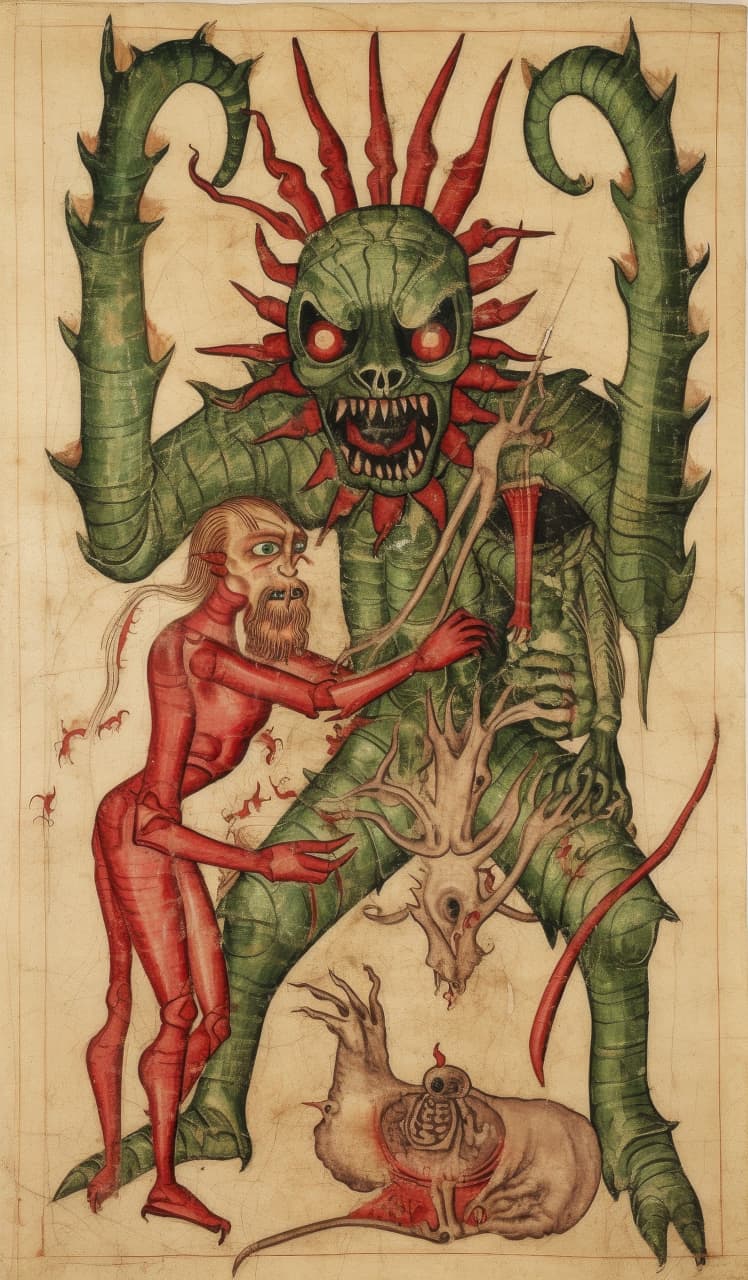 Medieval demon and dragon illustration, inspired by manuscripts, using Midjourney prompt techniques, stylize adjustments, historical references.