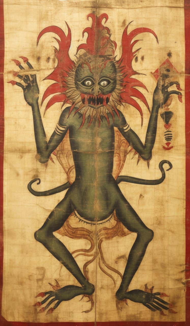 Medieval demon illustration, inspired by manuscripts, showcasing prompt techniques in Midjourney AI, emphasizing stylization and historical references.