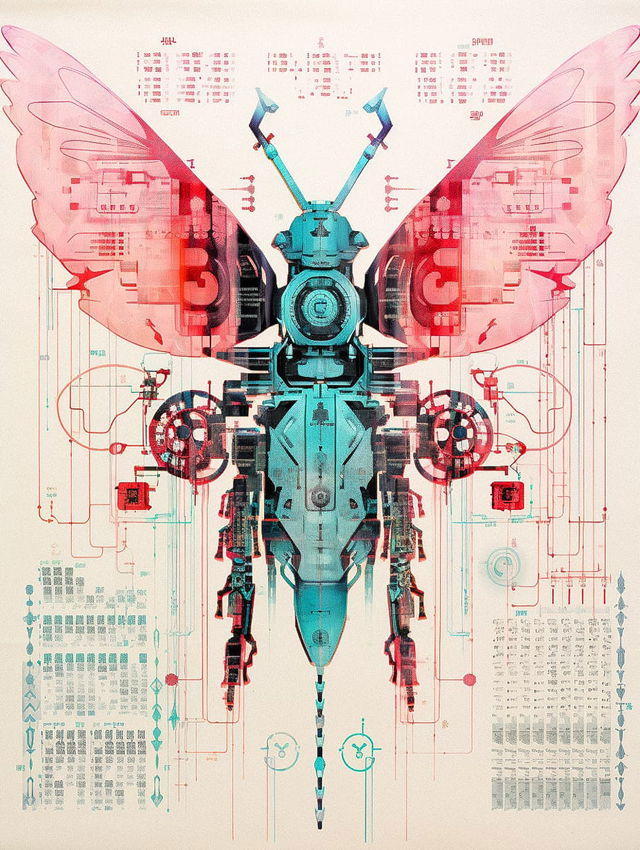 Midjourney prompt featuring 21st-century manuscript of electric animal-robot hybrids with modern symbols and glitch art borders.