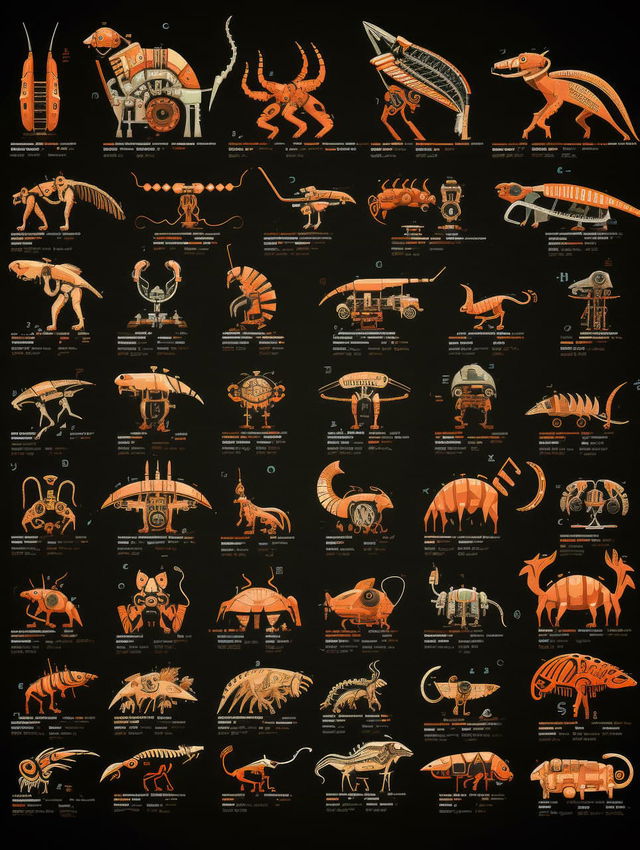Digital ascii-style bestiary codex sheet featuring mecha-animal hybrids generated with Midjourney prompt techniques.