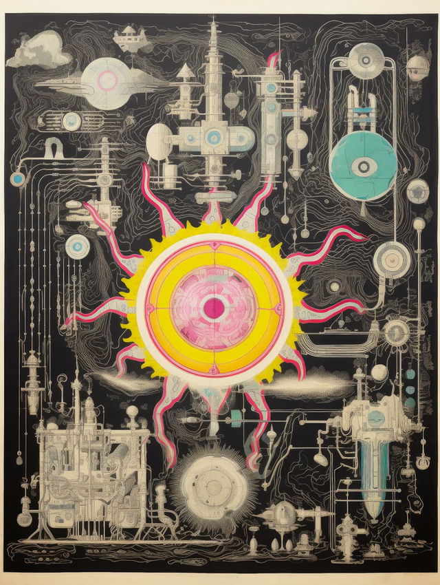 Midjourney prompt for 21st-century manuscript with electric plant hybrids, arcane emojis, glitch art, stylize 75, version 5.2.