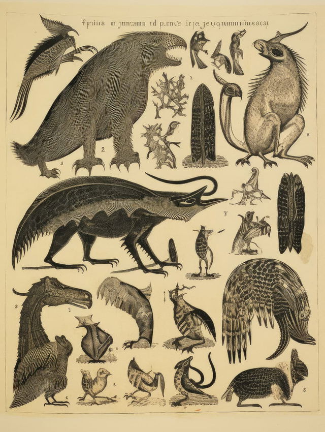 Full-page scan of 12th century bestiary, showcasing various creatures. Midjourney prompt: stylize 75, version 5.2.