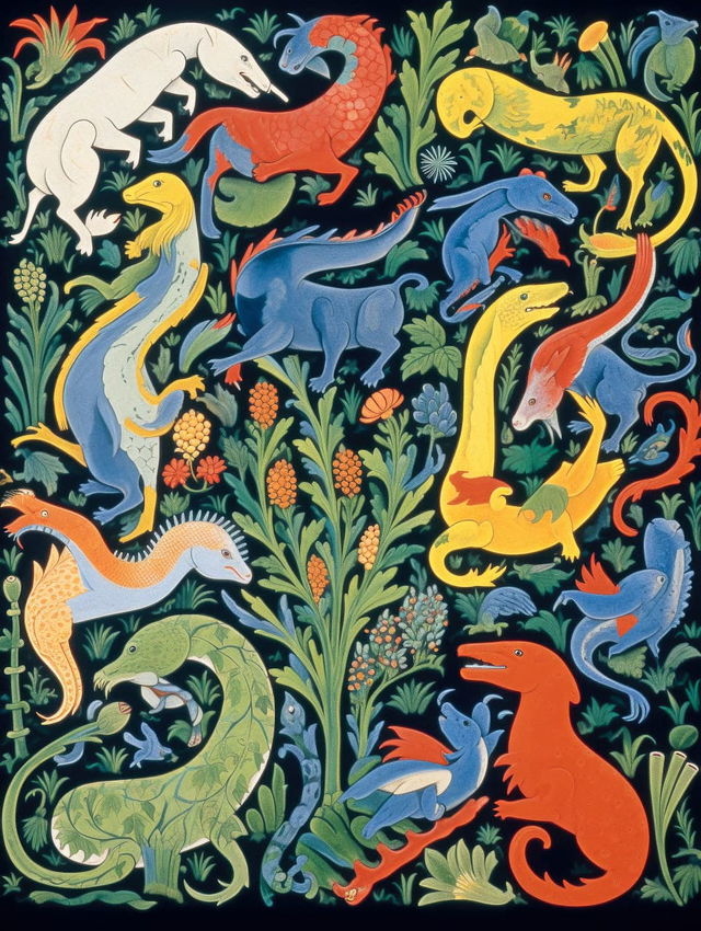 Full-page scan of 12th century bestiary featuring colorful mythical creatures, Midjourney prompt engineering, stylize 75, version 5.2.