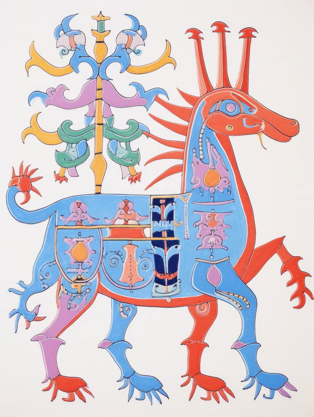 Colorful illustration of mythical creature, inspired by bestiary manuscripts, showcasing Midjourney prompt techniques and stylization.