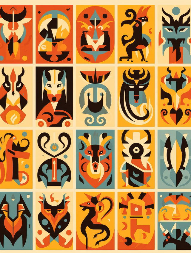 Midjourney prompt showcasing stylized animal motifs in vibrant colors, emphasizing unique design elements and artistic interpretation.