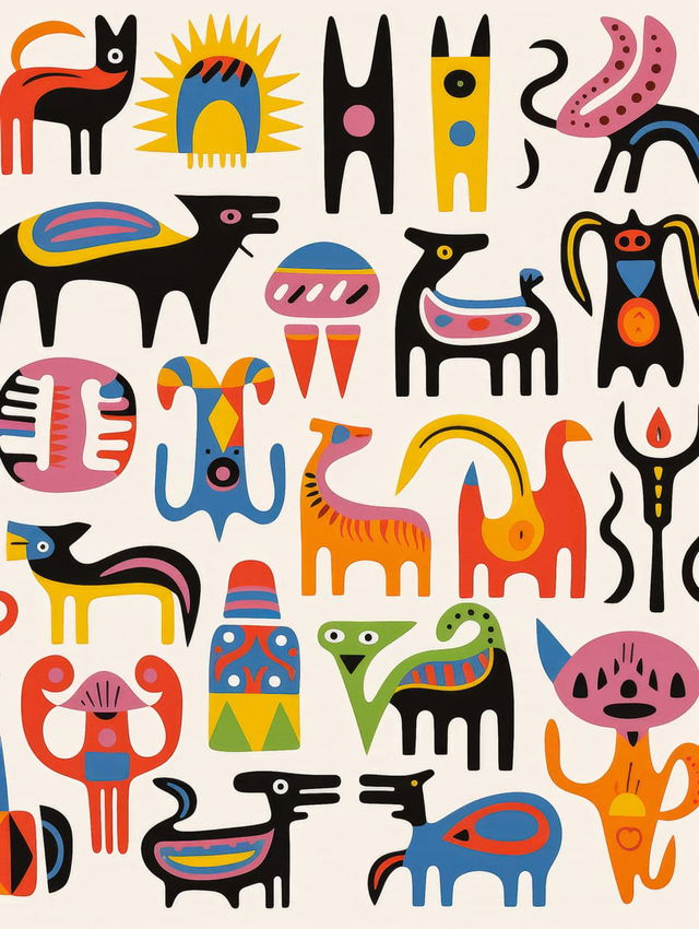 Colorful abstract patterns featuring animals and shapes, related to Midjourney AI prompt engineering for manuscripts and bestiaries.