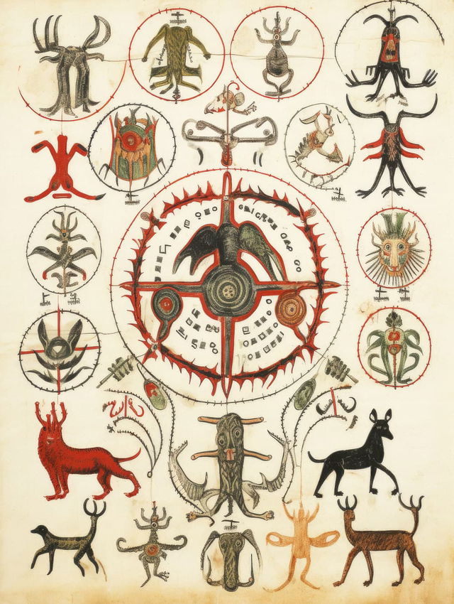 Full-page scan of 12th century bestiary featuring various creatures and symbols, Midjourney prompt engineering, stylize 75, version 5.2.