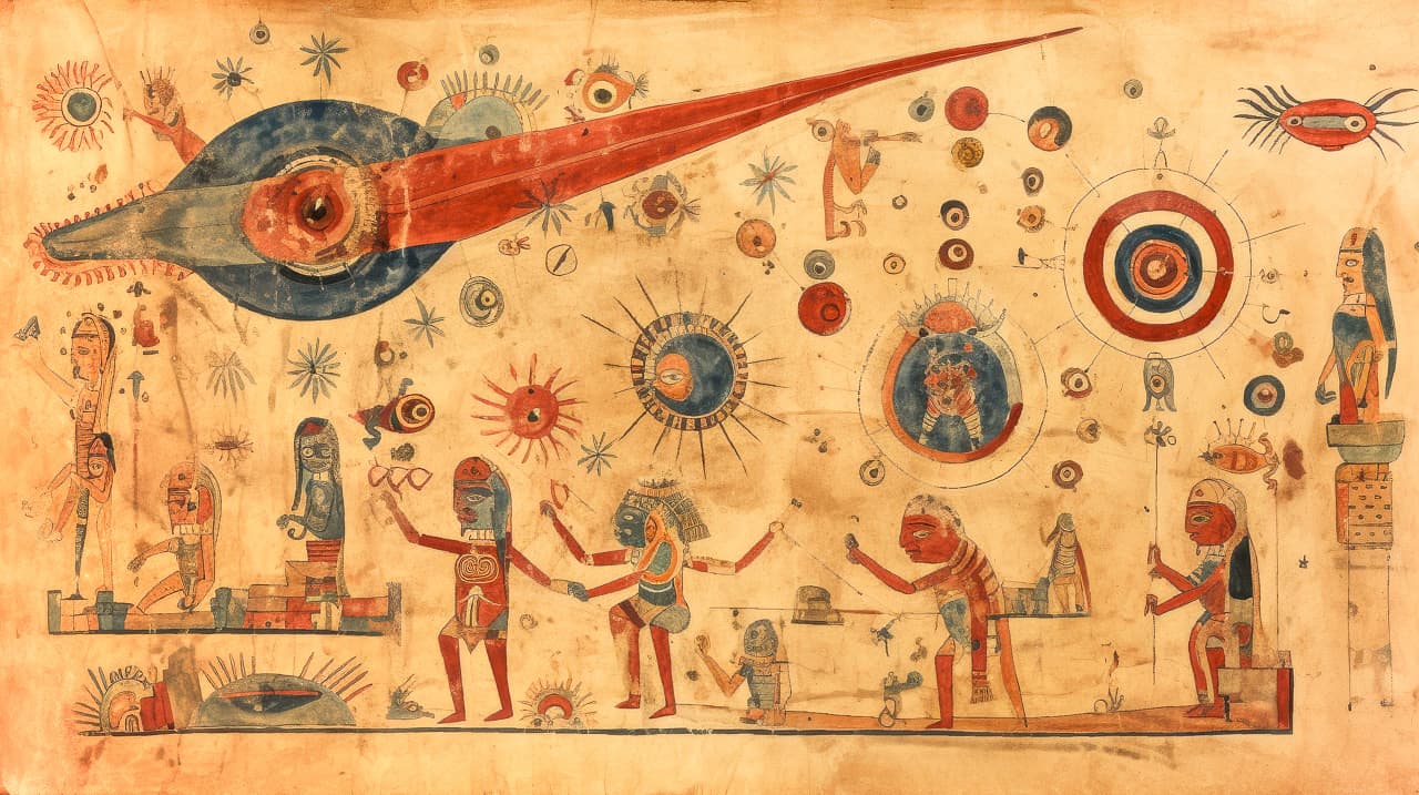 Codex Mendoza fragment illustrating exploration themes, Midjourney prompt techniques for manuscripts, bestiaries, historical references.