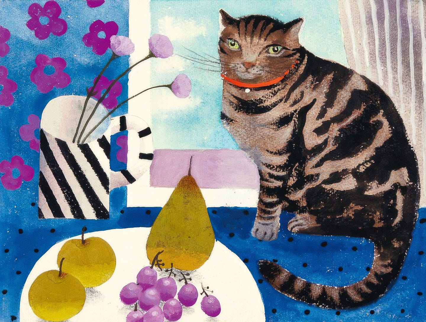 Mary Fedden's 'Cat and Pears' (1997) showcases vibrant colors and textures, ideal for Midjourney prompt engineering.